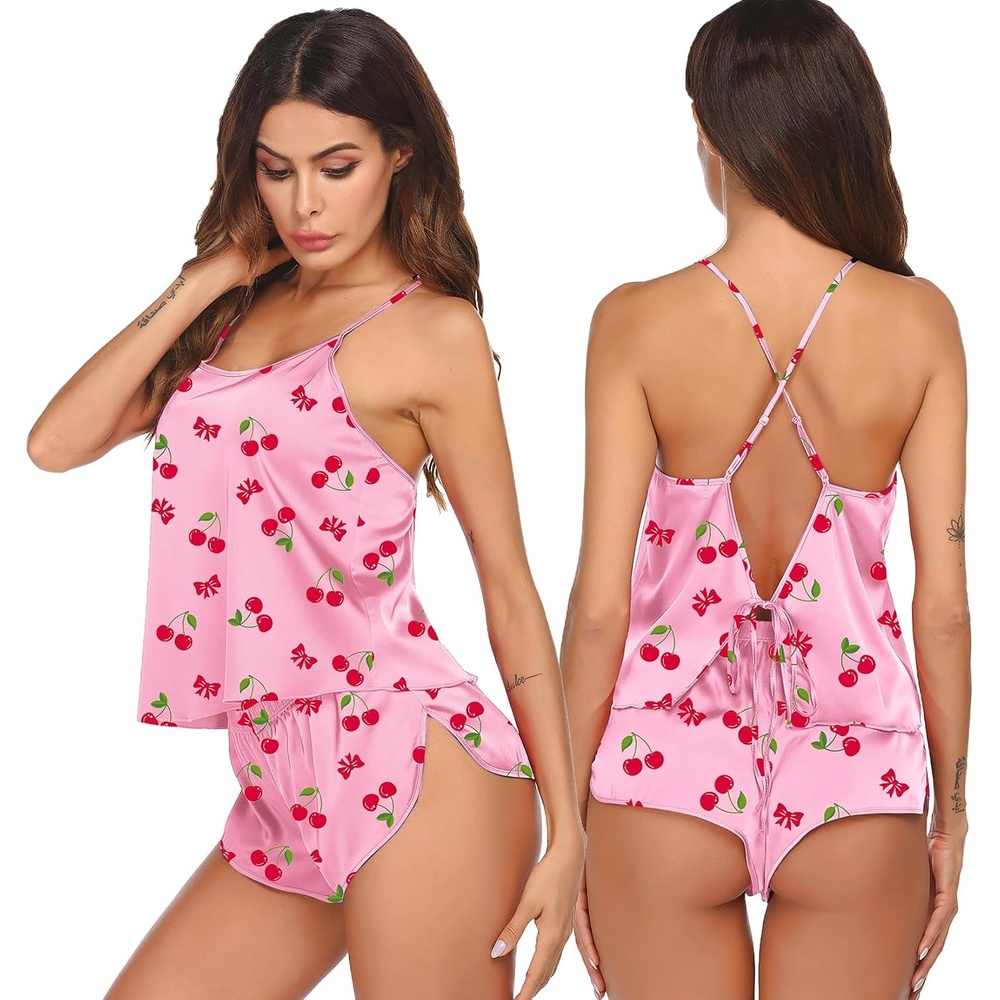 image:imageEkouaer Silk Pajamas Set for Women Satin Backless Lingerie Pjs NightwearPink Cherry Print