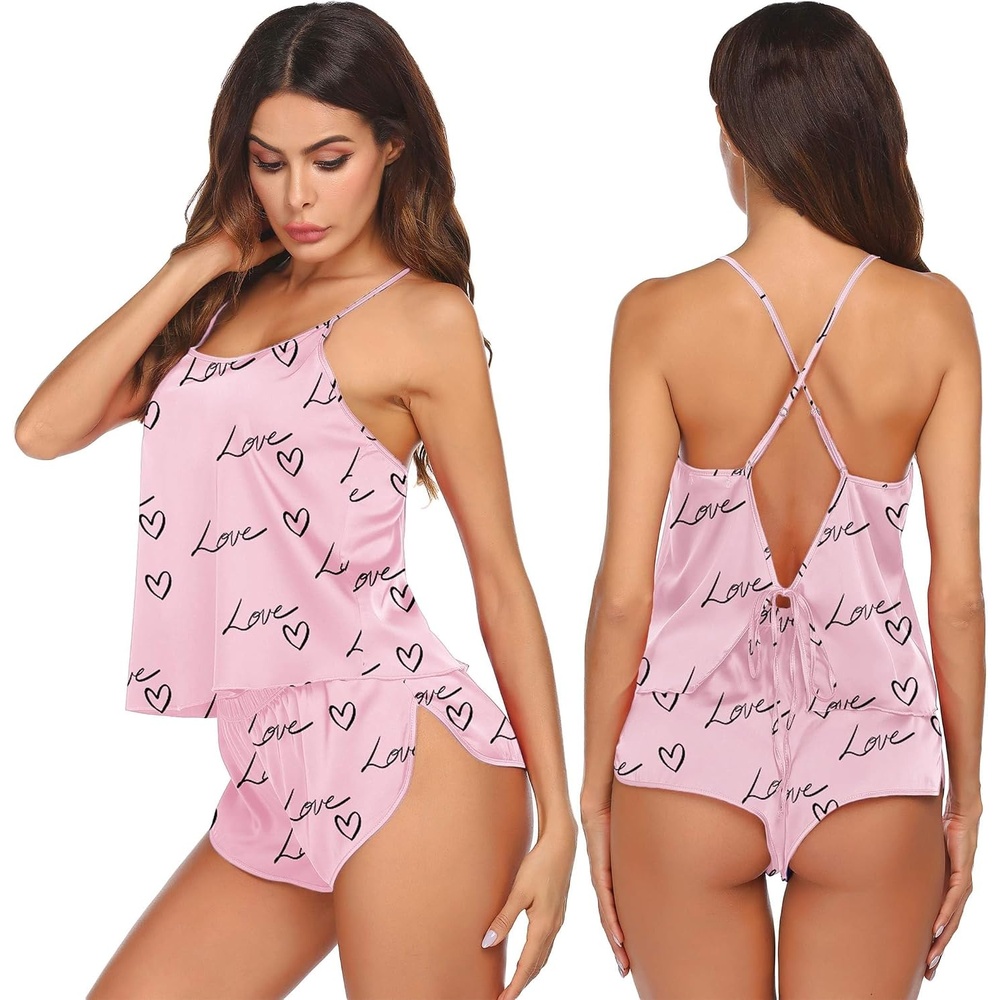 image:imageEkouaer Silk Pajamas Set for Women Satin Backless Lingerie Pjs NightwearPink Love