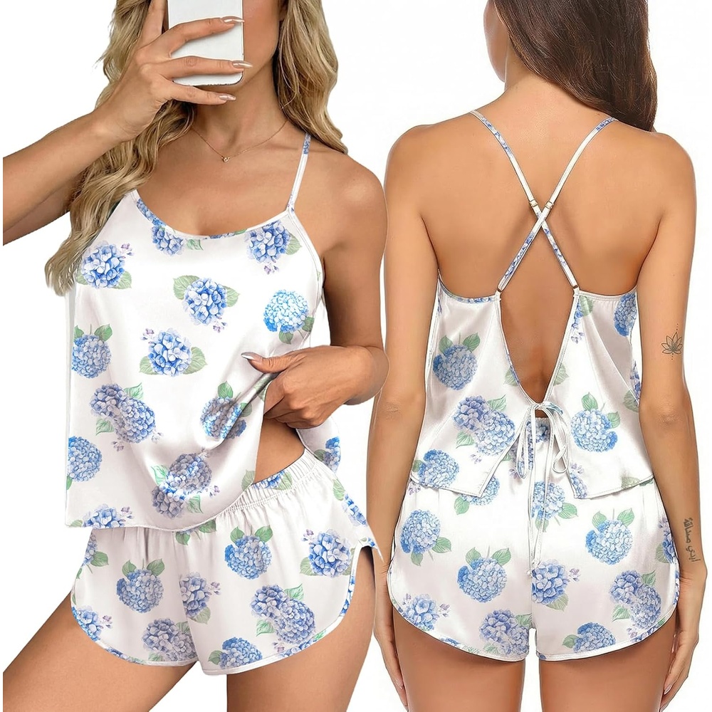 image:imageEkouaer Silk Pajamas Set for Women Satin Backless Lingerie Pjs NightwearPrintblue Hydrangea