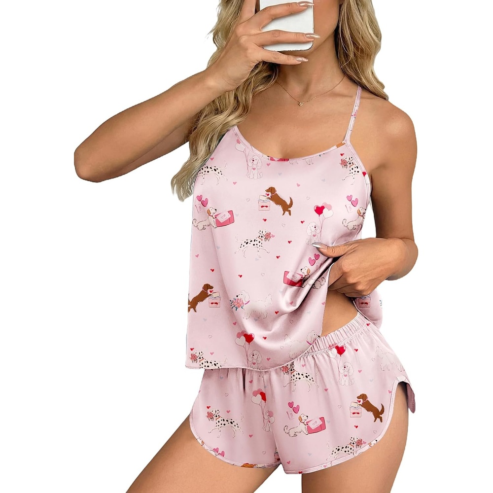 image:imageEkouaer Silk Pajamas Set for Women Satin Backless Lingerie Pjs NightwearPrintlove Pups