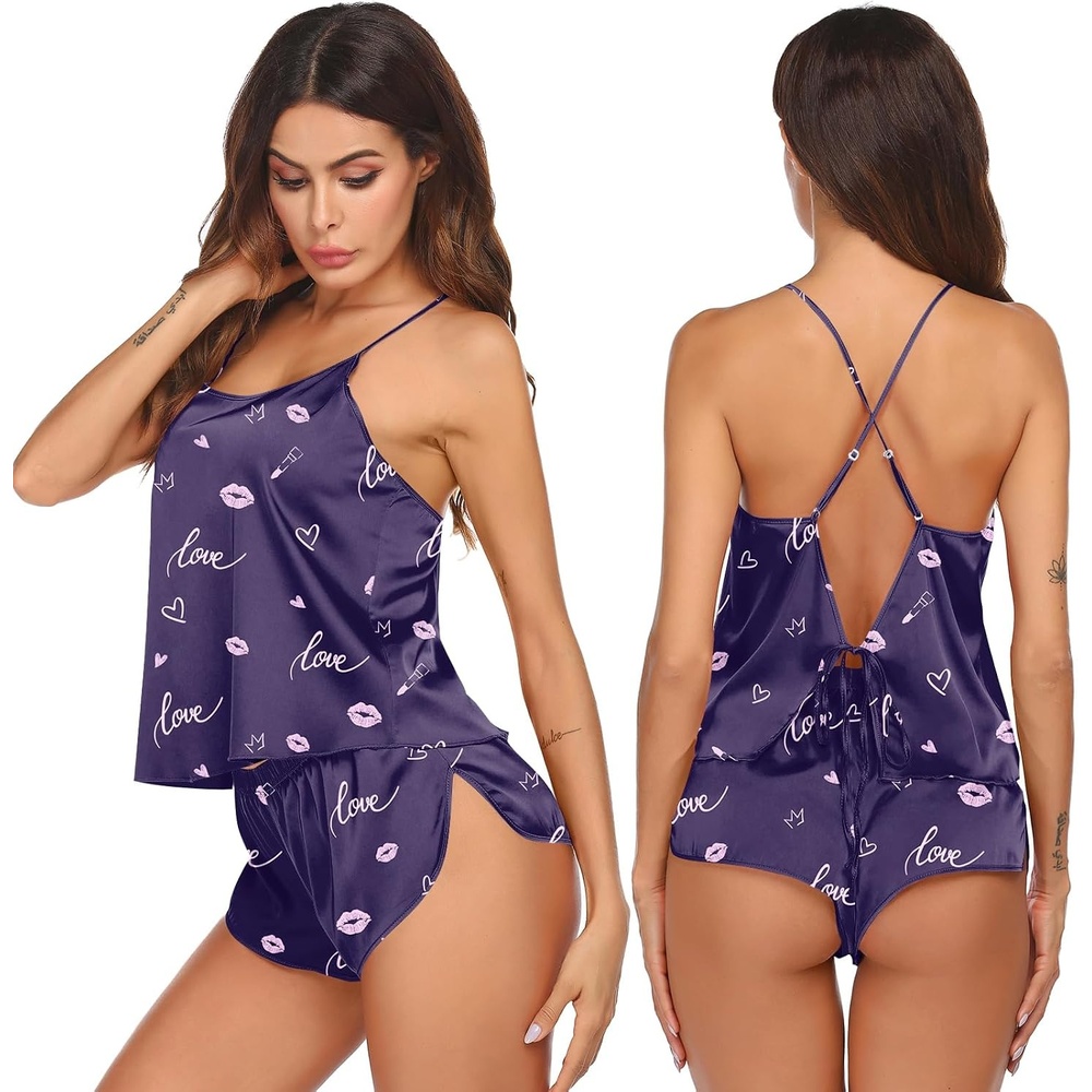 image:imageEkouaer Silk Pajamas Set for Women Satin Backless Lingerie Pjs NightwearPurple Lipstick