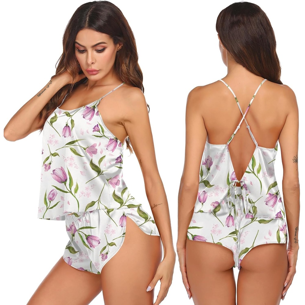 image:imageEkouaer Silk Pajamas Set for Women Satin Backless Lingerie Pjs NightwearPurple Tulip
