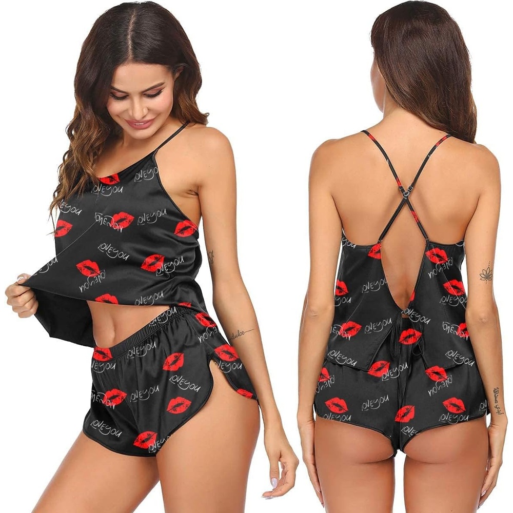 image:imageEkouaer Silk Pajamas Set for Women Satin Backless Lingerie Pjs NightwearRed Lips
