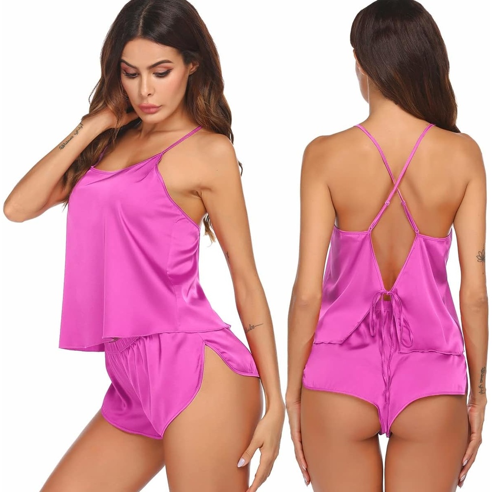 image:imageEkouaer Silk Pajamas Set for Women Satin Backless Lingerie Pjs NightwearRose Red