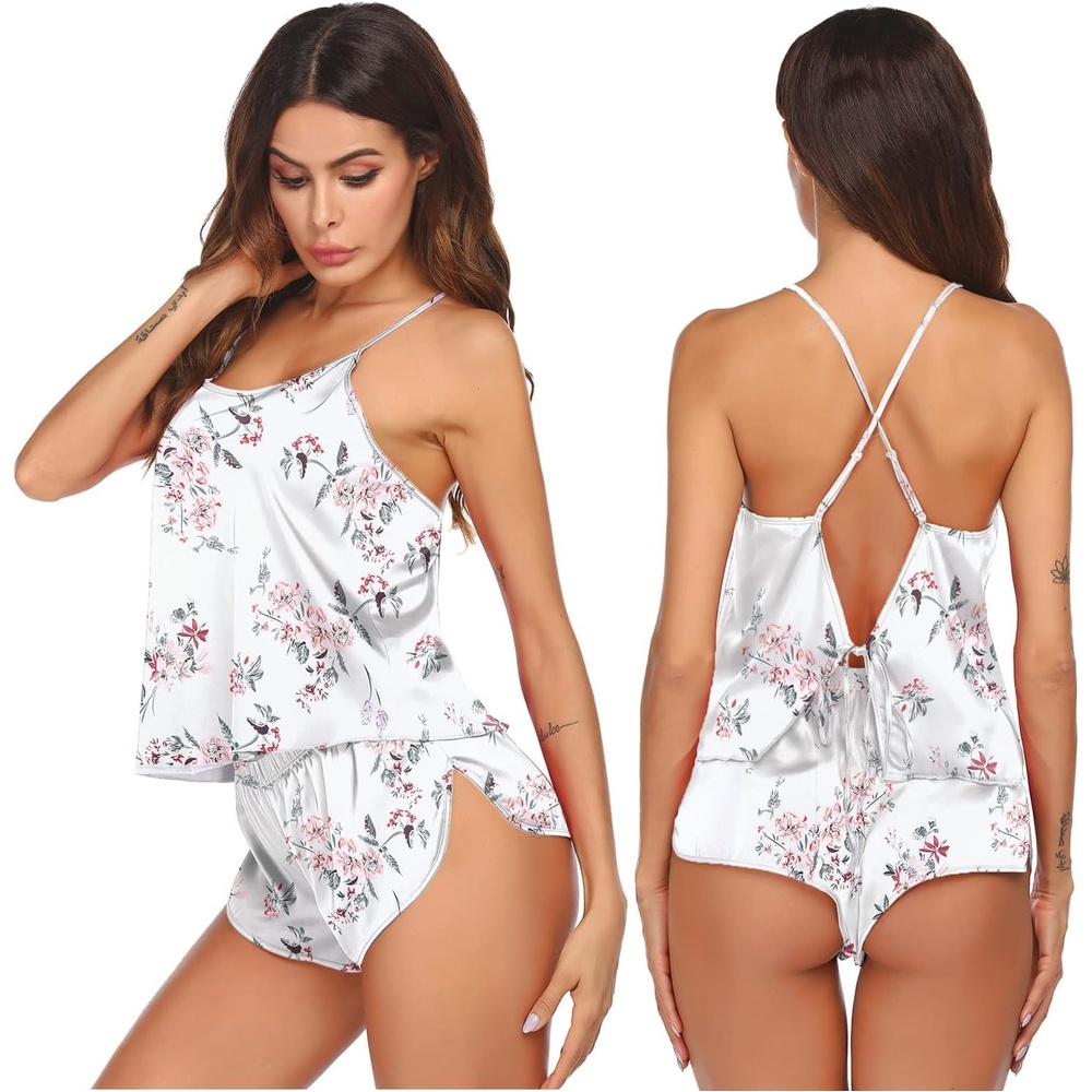 image:imageEkouaer Silk Pajamas Set for Women Satin Backless Lingerie Pjs NightwearWhite Flowers