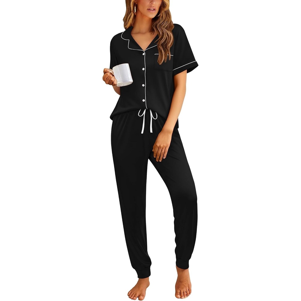 image:imageEkouaer Women Pajama Set Short Sleeve Button Down Pjs with Jogger PantsBlack