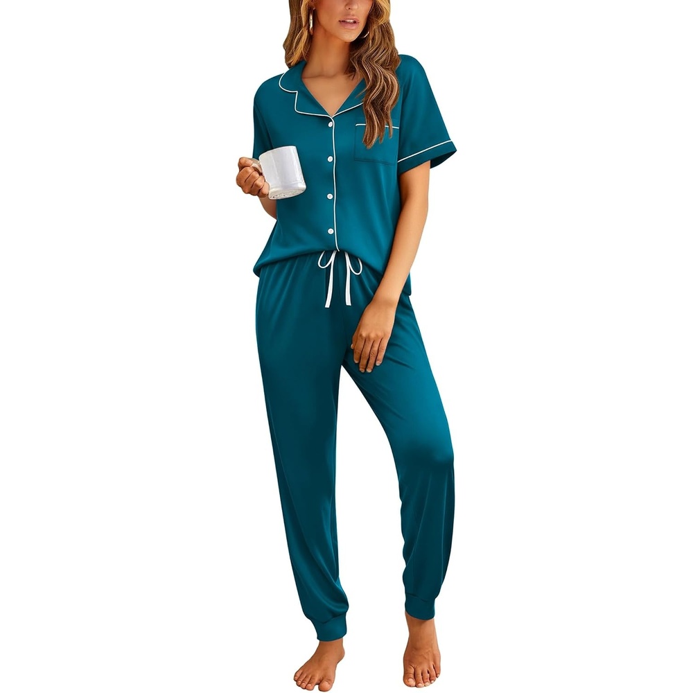 image:imageEkouaer Women Pajama Set Short Sleeve Button Down Pjs with Jogger PantsBlue Green