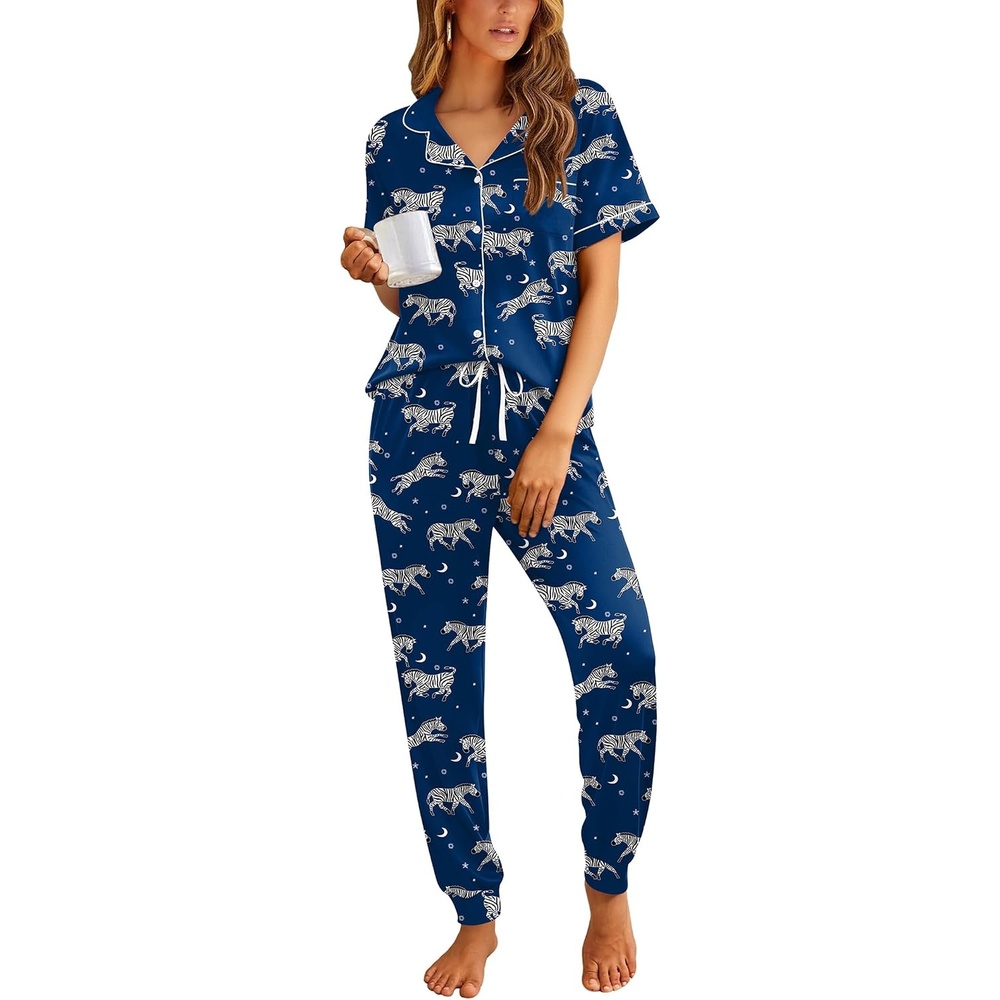 image:imageEkouaer Women Pajama Set Short Sleeve Button Down Pjs with Jogger PantsBlue Zebra
