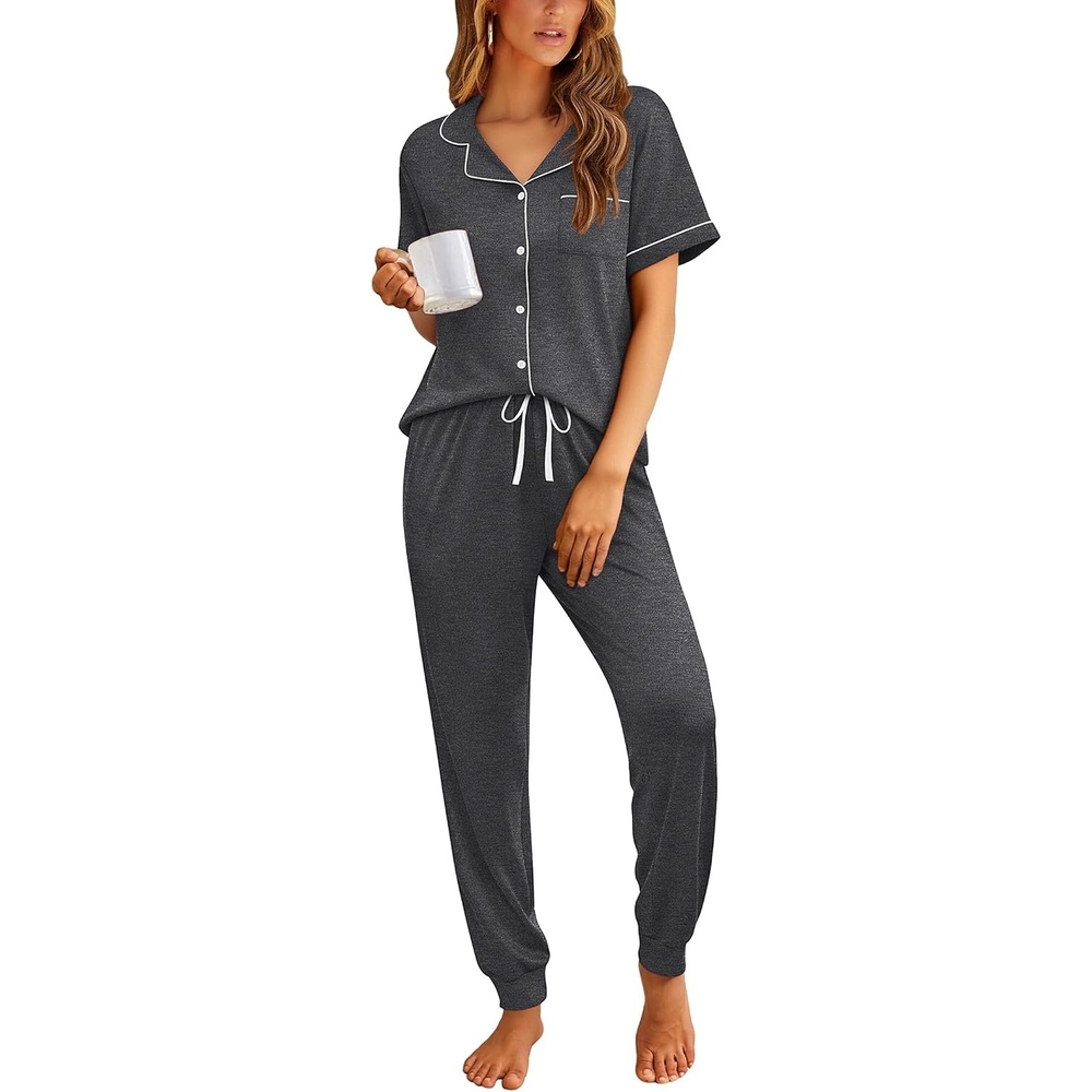 image:imageEkouaer Women Pajama Set Short Sleeve Button Down Pjs with Jogger PantsDark Grey