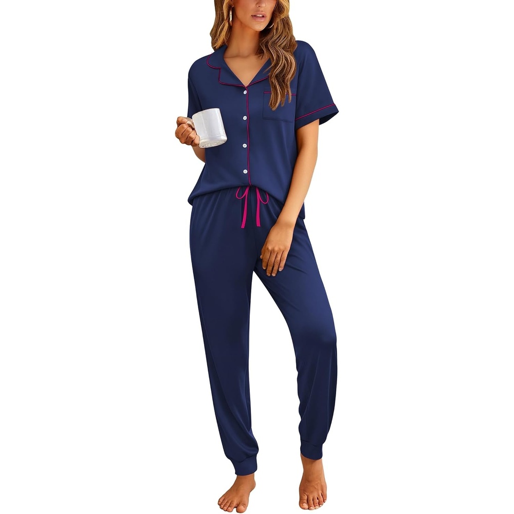 image:imageEkouaer Women Pajama Set Short Sleeve Button Down Pjs with Jogger PantsNavy Blue