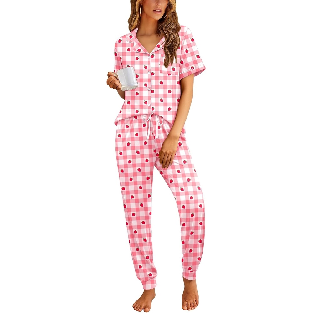 image:imageEkouaer Women Pajama Set Short Sleeve Button Down Pjs with Jogger PantsPink Plaid