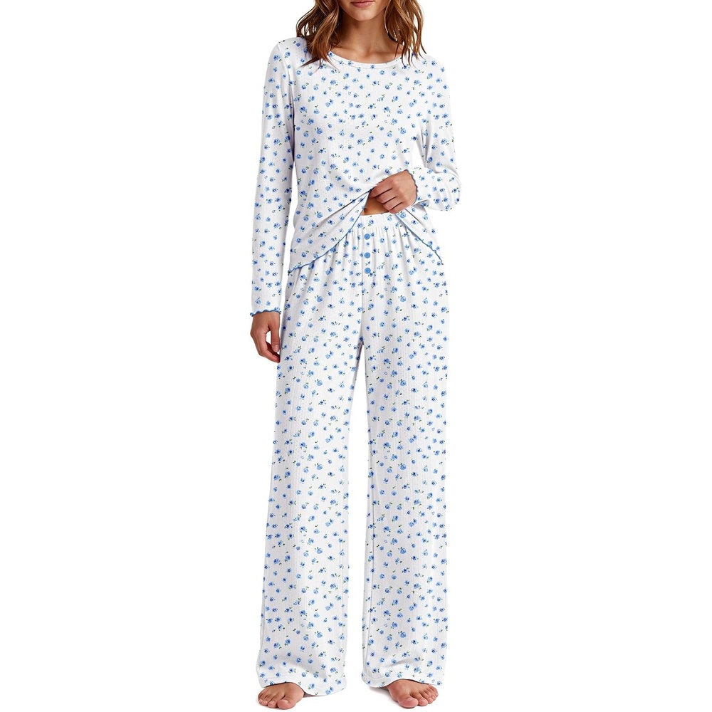 image:imageEkouaer Womens Long Sleeve Pajama Set Cozy 2 Piece PJS Matching SleepwearBlue Floral