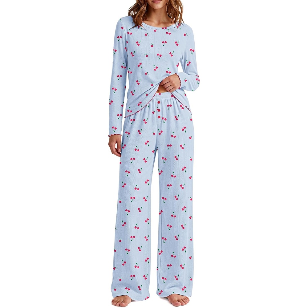 image:imageEkouaer Womens Long Sleeve Pajama Set Cozy 2 Piece PJS Matching SleepwearCherry Blue