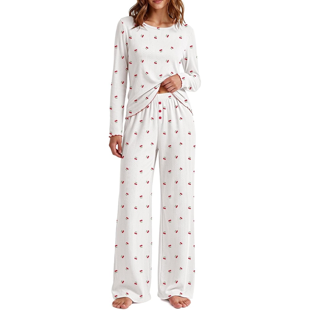 image:imageEkouaer Womens Long Sleeve Pajama Set Cozy 2 Piece PJS Matching SleepwearCherry White