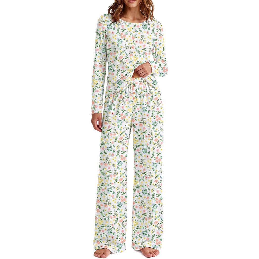 image:imageEkouaer Womens Long Sleeve Pajama Set Cozy 2 Piece PJS Matching SleepwearFloral