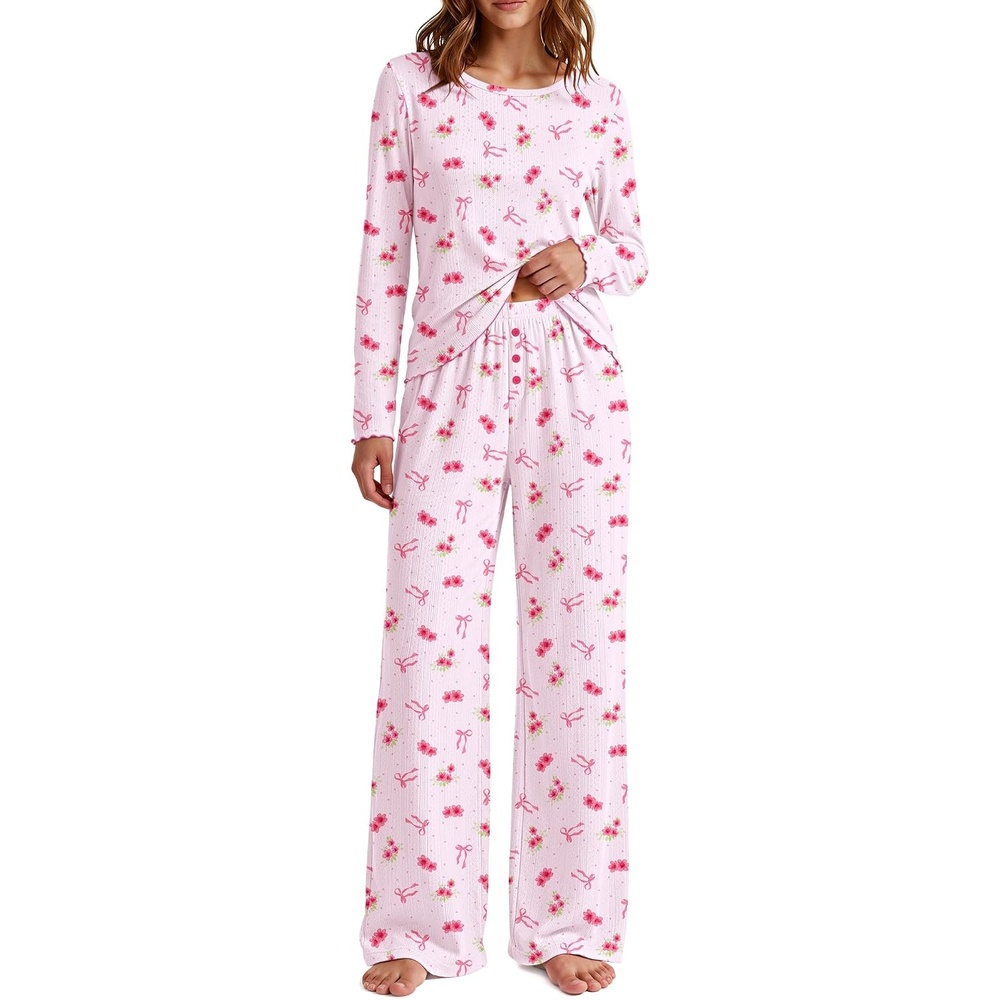image:imageEkouaer Womens Long Sleeve Pajama Set Cozy 2 Piece PJS Matching SleepwearFlower Bow