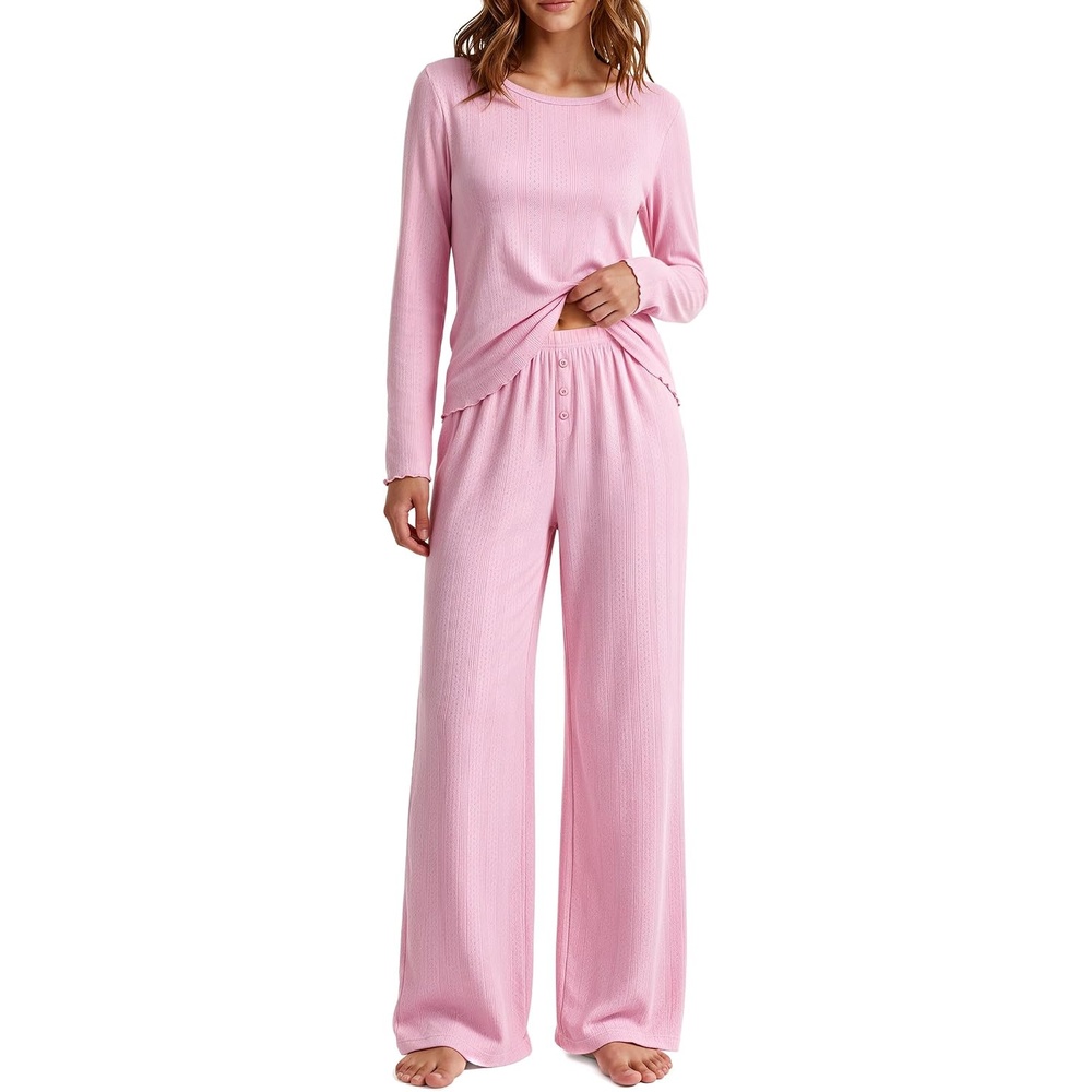 image:imageEkouaer Womens Long Sleeve Pajama Set Cozy 2 Piece PJS Matching SleepwearPink