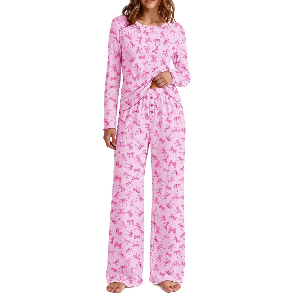 image:imageEkouaer Womens Long Sleeve Pajama Set Cozy 2 Piece PJS Matching SleepwearPink Bow