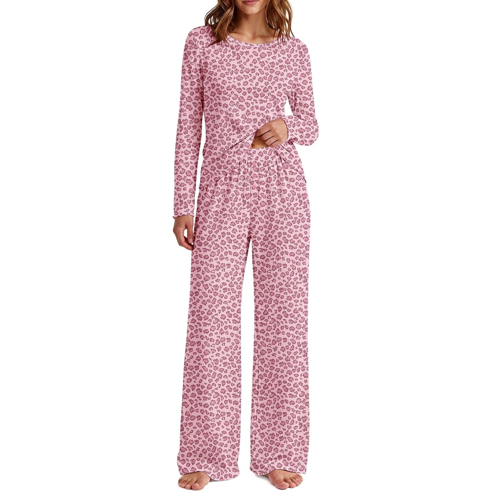 image:imageEkouaer Womens Long Sleeve Pajama Set Cozy 2 Piece PJS Matching SleepwearPink Leopard