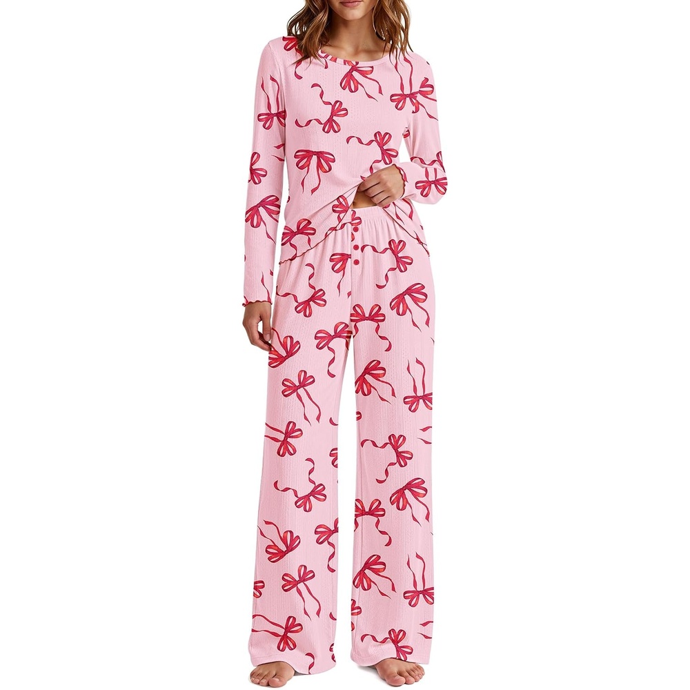 image:imageEkouaer Womens Long Sleeve Pajama Set Cozy 2 Piece PJS Matching SleepwearRed Bow