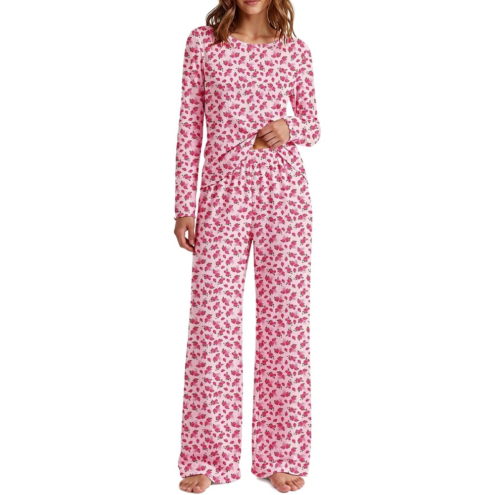 image:imageEkouaer Womens Long Sleeve Pajama Set Cozy 2 Piece PJS Matching SleepwearRose Floral