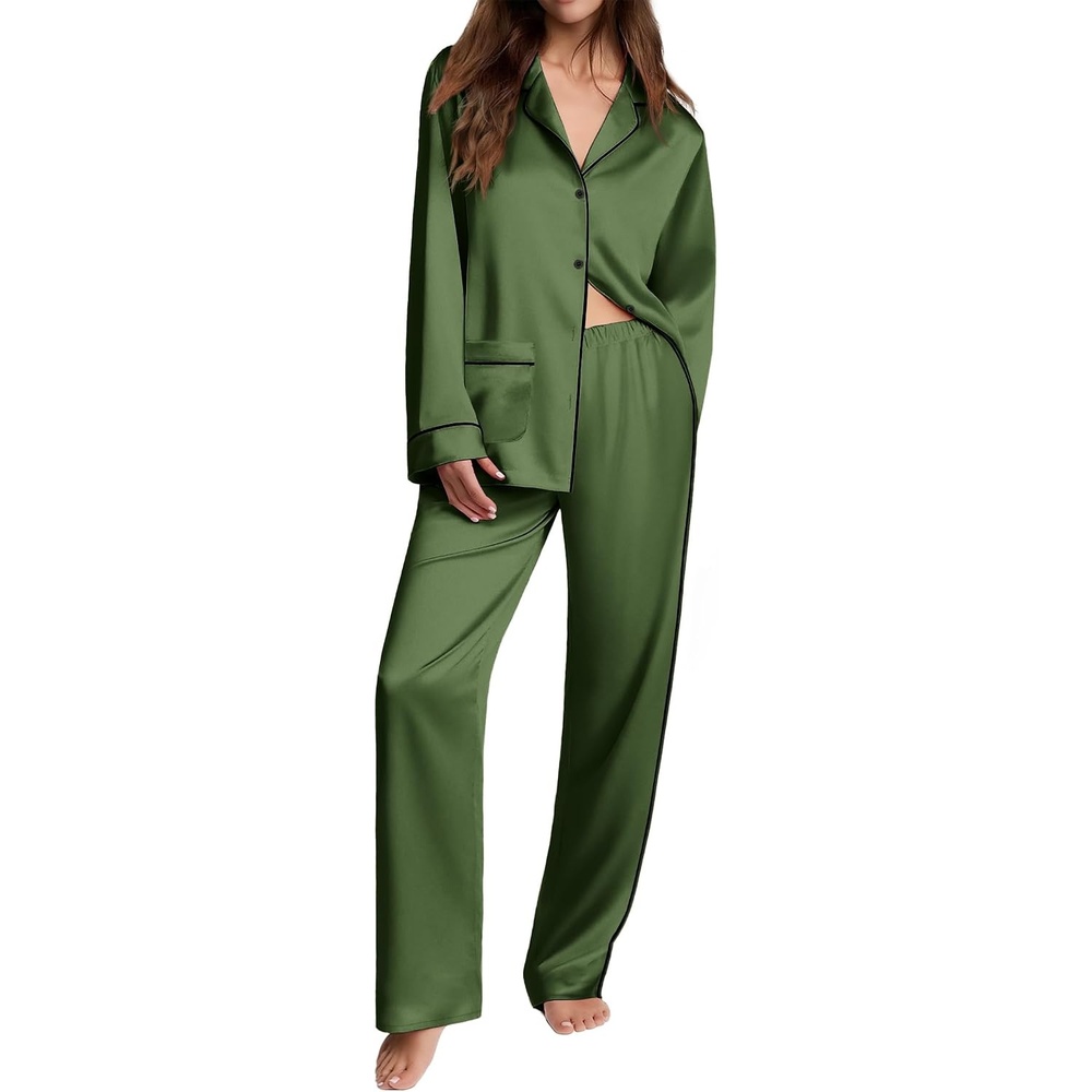 image:imageEkouaer Womens Pajama Sets Satin Silk Pjs Long Sleeve Button Down SleepwearArmy Green