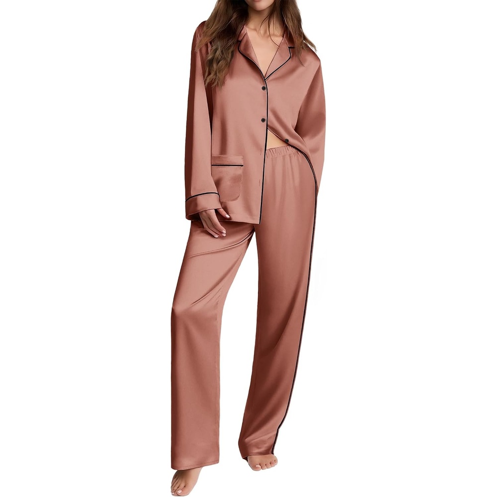 image:imageEkouaer Womens Pajama Sets Satin Silk Pjs Long Sleeve Button Down SleepwearBrown