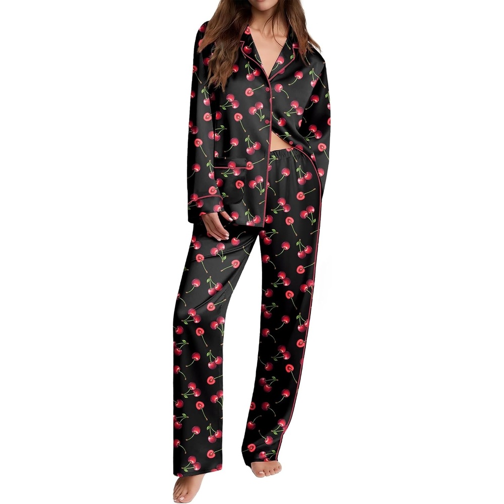 image:imageEkouaer Womens Pajama Sets Satin Silk Pjs Long Sleeve Button Down SleepwearCherry