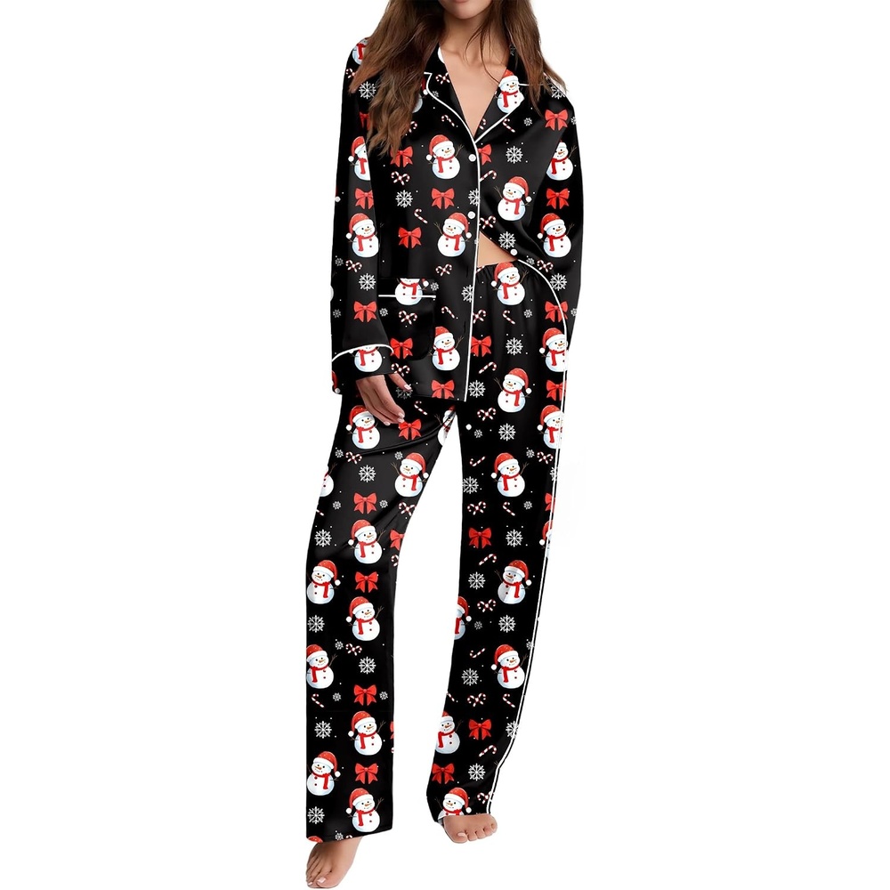 image:imageEkouaer Womens Pajama Sets Satin Silk Pjs Long Sleeve Button Down SleepwearChristmas Black