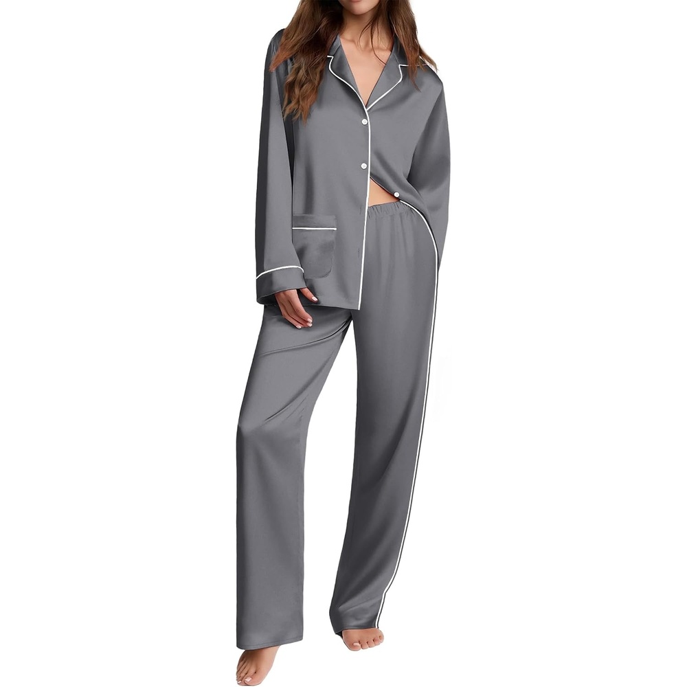 image:imageEkouaer Womens Pajama Sets Satin Silk Pjs Long Sleeve Button Down SleepwearDark Grey