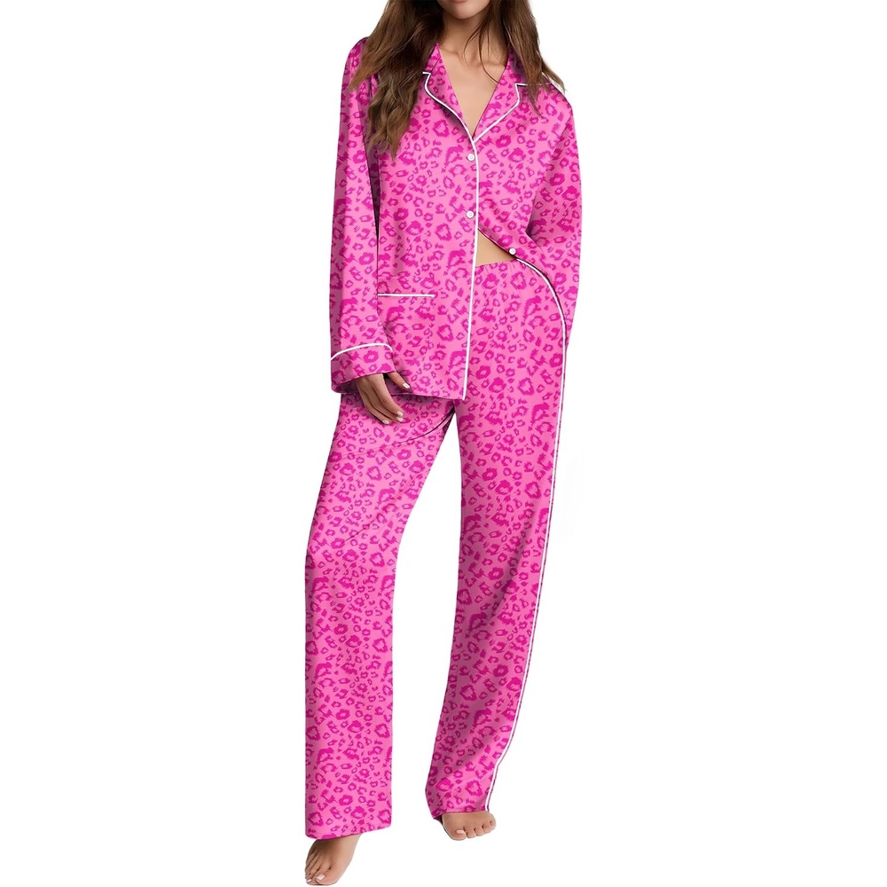 image:imageEkouaer Womens Pajama Sets Satin Silk Pjs Long Sleeve Button Down SleepwearHot Pink Leopard
