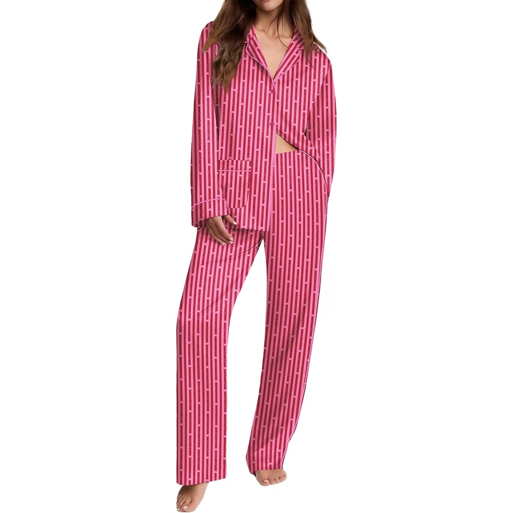 image:imageEkouaer Womens Pajama Sets Satin Silk Pjs Long Sleeve Button Down SleepwearLove Striped Hot Pink