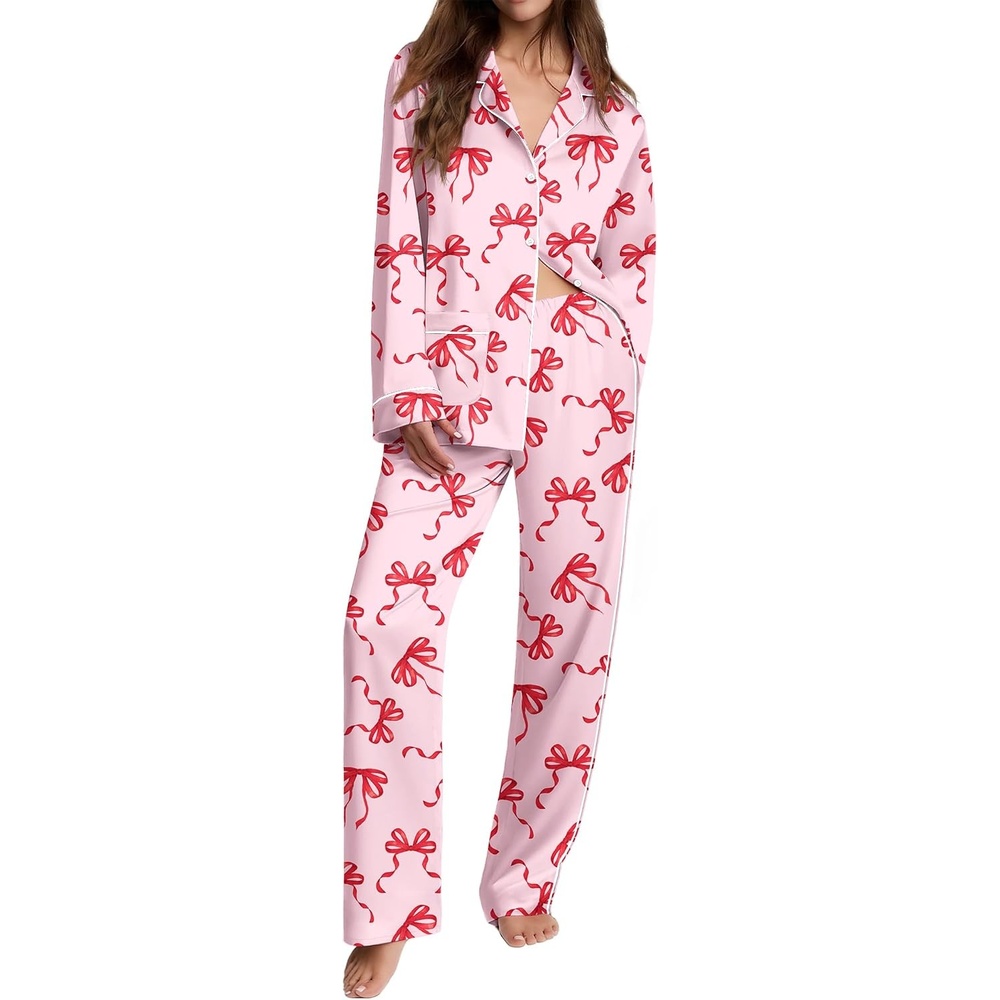 image:imageEkouaer Womens Pajama Sets Satin Silk Pjs Long Sleeve Button Down SleepwearPink Bow