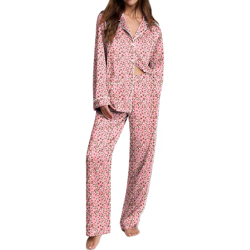 image:imageEkouaer Womens Pajama Sets Satin Silk Pjs Long Sleeve Button Down SleepwearPink Leopard Love