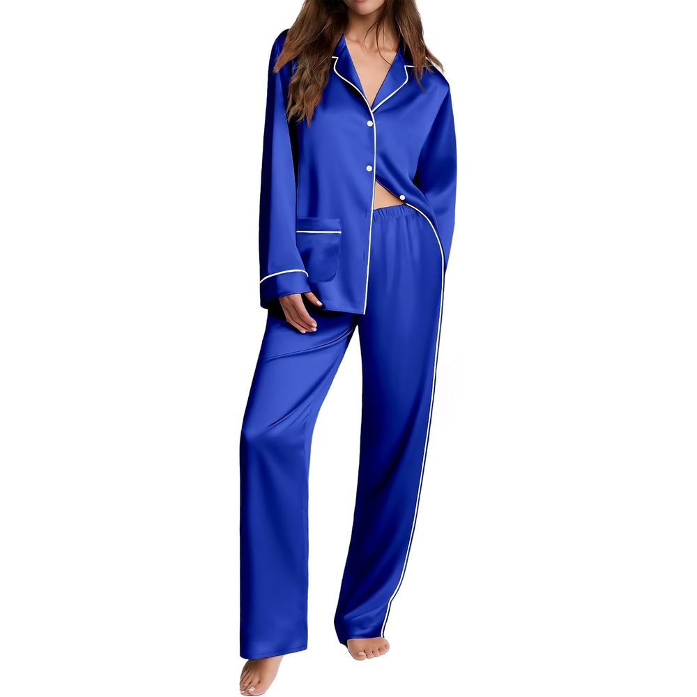 image:imageEkouaer Womens Pajama Sets Satin Silk Pjs Long Sleeve Button Down SleepwearRoyal Blue