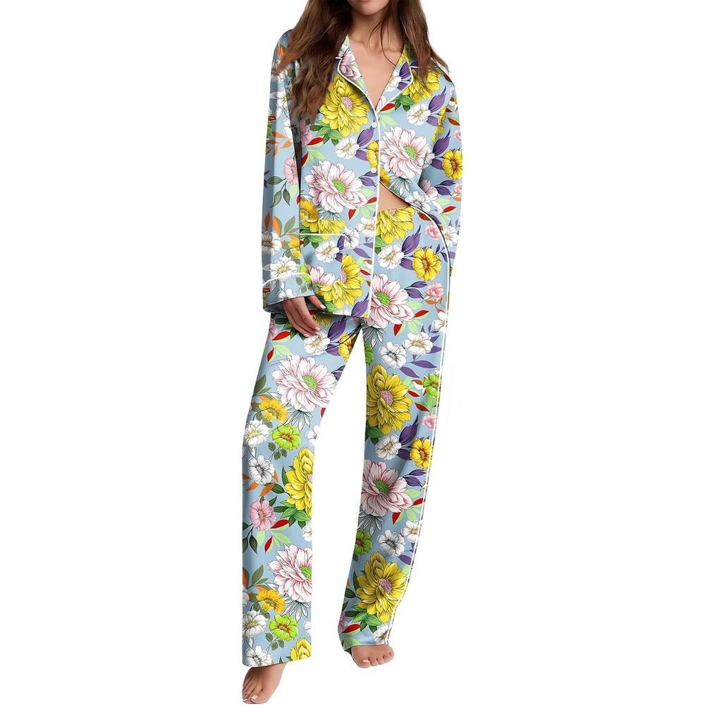 image:imageEkouaer Womens Pajama Sets Satin Silk Pjs Long Sleeve Button Down SleepwearYellow Chrysanthemum