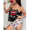 Ekouaer Silk Pajamas Set for Women Satin Backless Lingerie Pjs Nightwear(Print-bite Lip Red)