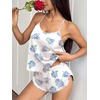 Ekouaer Silk Pajamas Set for Women Satin Backless Lingerie Pjs Nightwear(Print-blue Hydrangea)