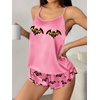 Ekouaer Silk Pajamas Set for Women Satin Backless Lingerie Pjs Nightwear(Print-pink Bat)