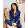 Ekouaer Womens Pajama Sets Satin Silk Pjs Long Sleeve Button Down Sleepwear(Navy Blue)