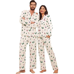 Ekouaer Couple Matching Pajamas 100% Cotton Long Sleeve Loungewear Pj Sets(Christmas Apricot Ski Lift)