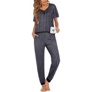 Ekouaer Pajamas for Women Set 2 Piece Short Sleeve Fall Pjs with Pockets(Black Plaid)