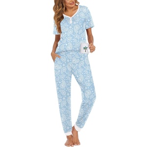 Ekouaer Pajamas for Women Set 2 Piece Short Sleeve Fall Pjs with Pockets(Blue Cashew)