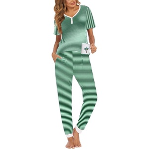 Ekouaer Pajamas for Women Set 2 Piece Short Sleeve Fall Pjs with Pockets(Green Stripe)