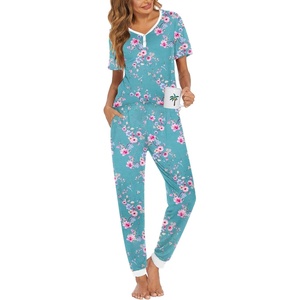 Ekouaer Pajamas for Women Set 2 Piece Short Sleeve Fall Pjs with Pockets(Light Blue Flower)