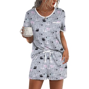 Ekouaer Pajamas for Womens Set 2 Piece Soft Sleepwear, Chest Pocket(Cute Grey Cat)