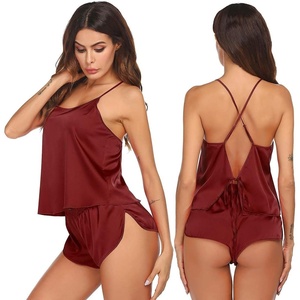 Ekouaer Silk Pajamas Set for Women Satin Backless Lingerie Pjs Nightwear(Dark Red)
