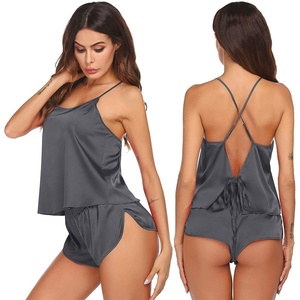 Ekouaer Silk Pajamas Set for Women Satin Backless Lingerie Pjs Nightwear(Grey)
