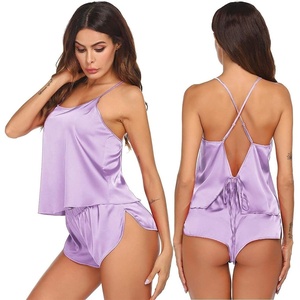 Ekouaer Silk Pajamas Set for Women Satin Backless Lingerie Pjs Nightwear(Lavender)