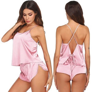 Ekouaer Silk Pajamas Set for Women Satin Backless Lingerie Pjs Nightwear(Misty Rose)